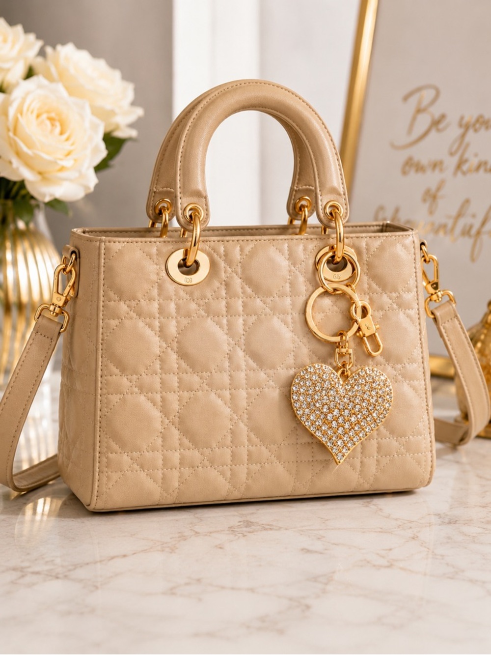 Rhinestone Heart Bling Bag/Keychain Gold Crystal, Sparkly Key Ring Accessory